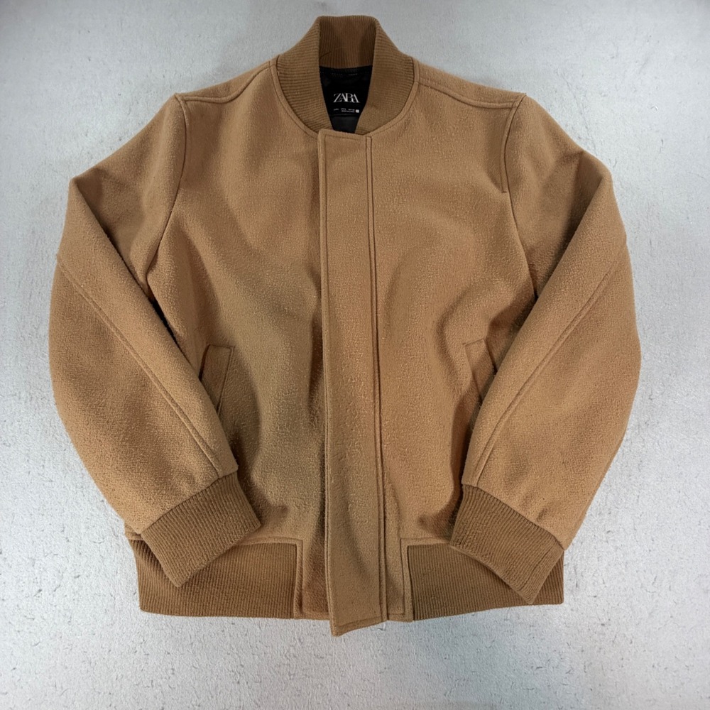 Zara‎ Mens Bomber Jacket Camel Brown Fleece Full Zip Snap Front Large